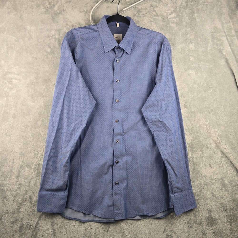 Haupt Germany Shirt Mens Large 16.5 Blue Dot Geometric Long Sleeve Button Up